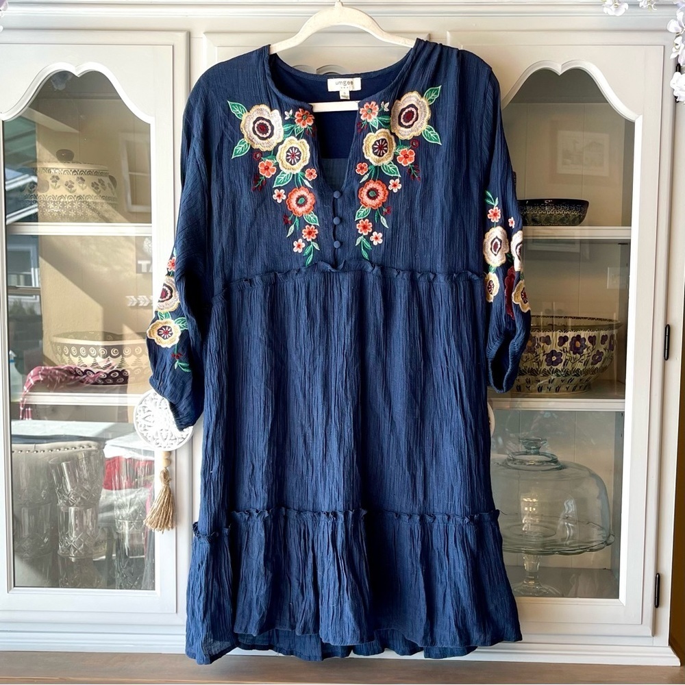 Umgee Womens Navy Blue Embroidered Boho Gauze Hippie Tunic Dress Sz S​​​